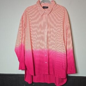 Lane Bryant Striped Button-Down Boyfriend Shirt, Gradient Dye, Pink White, 26/28